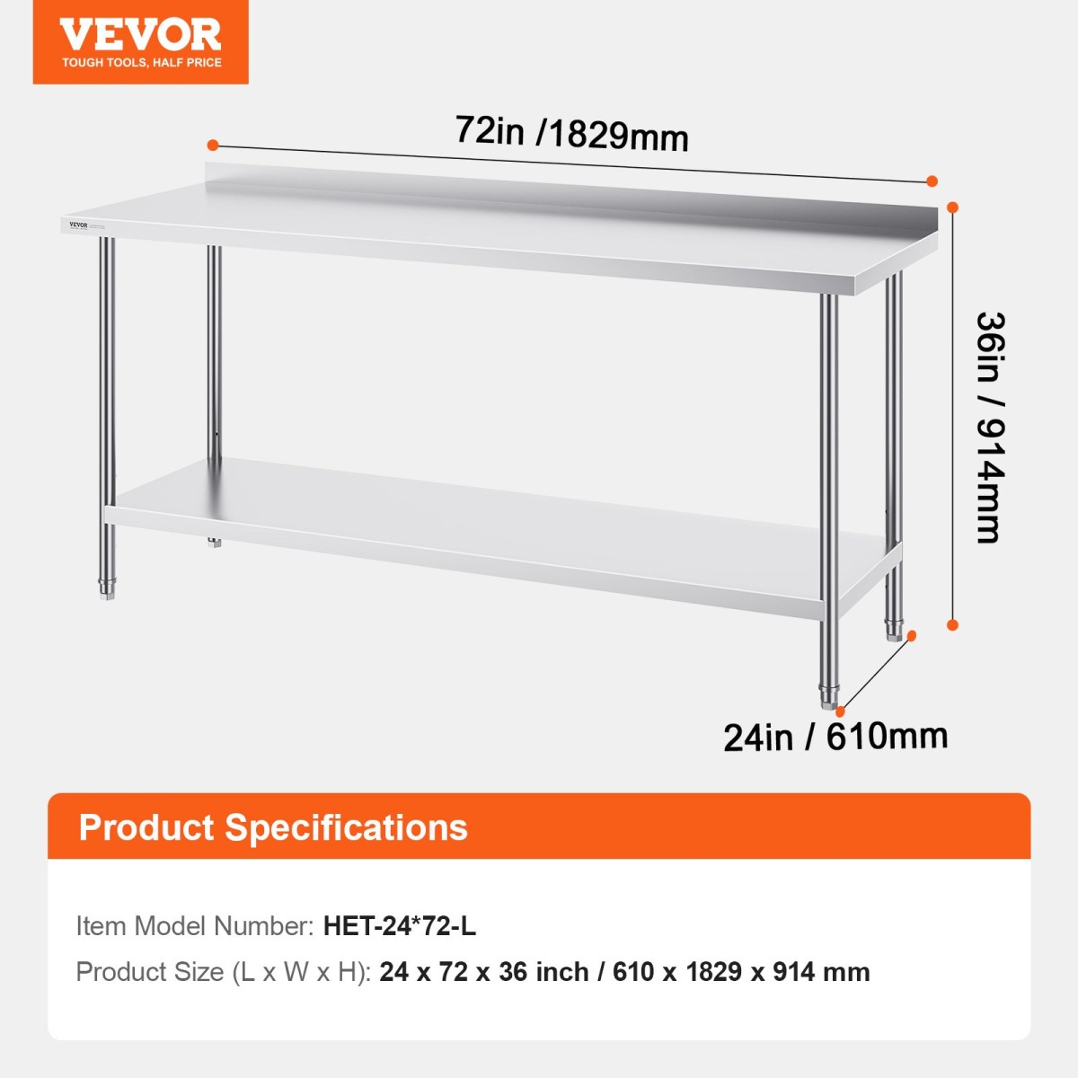 VEVOR 24 x 72 x 36 ιντσών Τραπέζι εργασίας από ανοξείδωτο ατσάλι, Εμπορικό τραπέζι προετοιμασίας φαγητού Τραπέζι εργασίας βαρέως τύπου, Μεταλλικό τραπέζι εργασίας με ρυθμιζόμενο ύψος για εστιατόριο, σπίτι και ξενοδοχείο