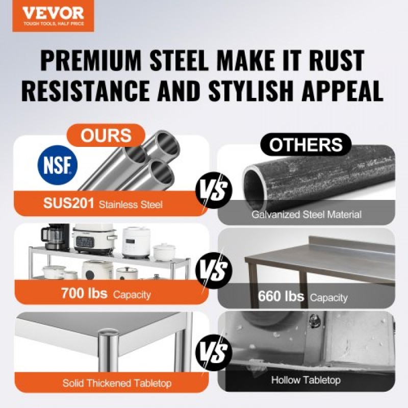 VEVOR Double Overshelf Stainless Steel Overshelf 2-Tier 12"x72" for Prep Table