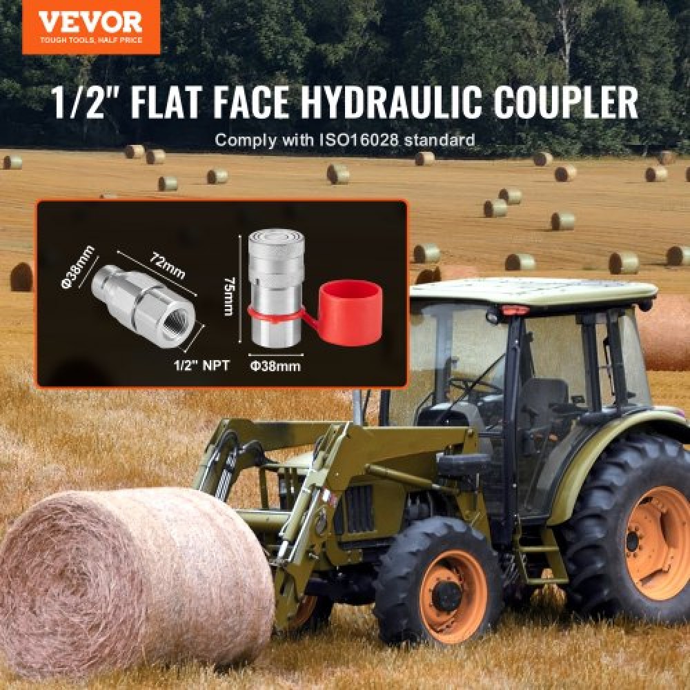 VEVOR 1/2" Flat Face Hydraulic Couplers 3/4 SAE Skid Steer Couplers 2 Dust Caps