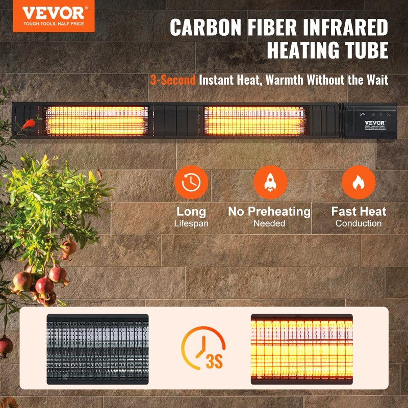 VEVOR Infrared Heater, 3000W Τηλεχειριστήριο Electric Space Infrared Heater, IP65 Protection Carbon υπέρυθρη θερμάστρα εξωτερικού χώρου με 9 ταχύτητες & χρονοδιακόπτη, για βεράντα, αίθριο, τραπεζαρία, στούντιο, πίσω αυλή, βάση τοίχου