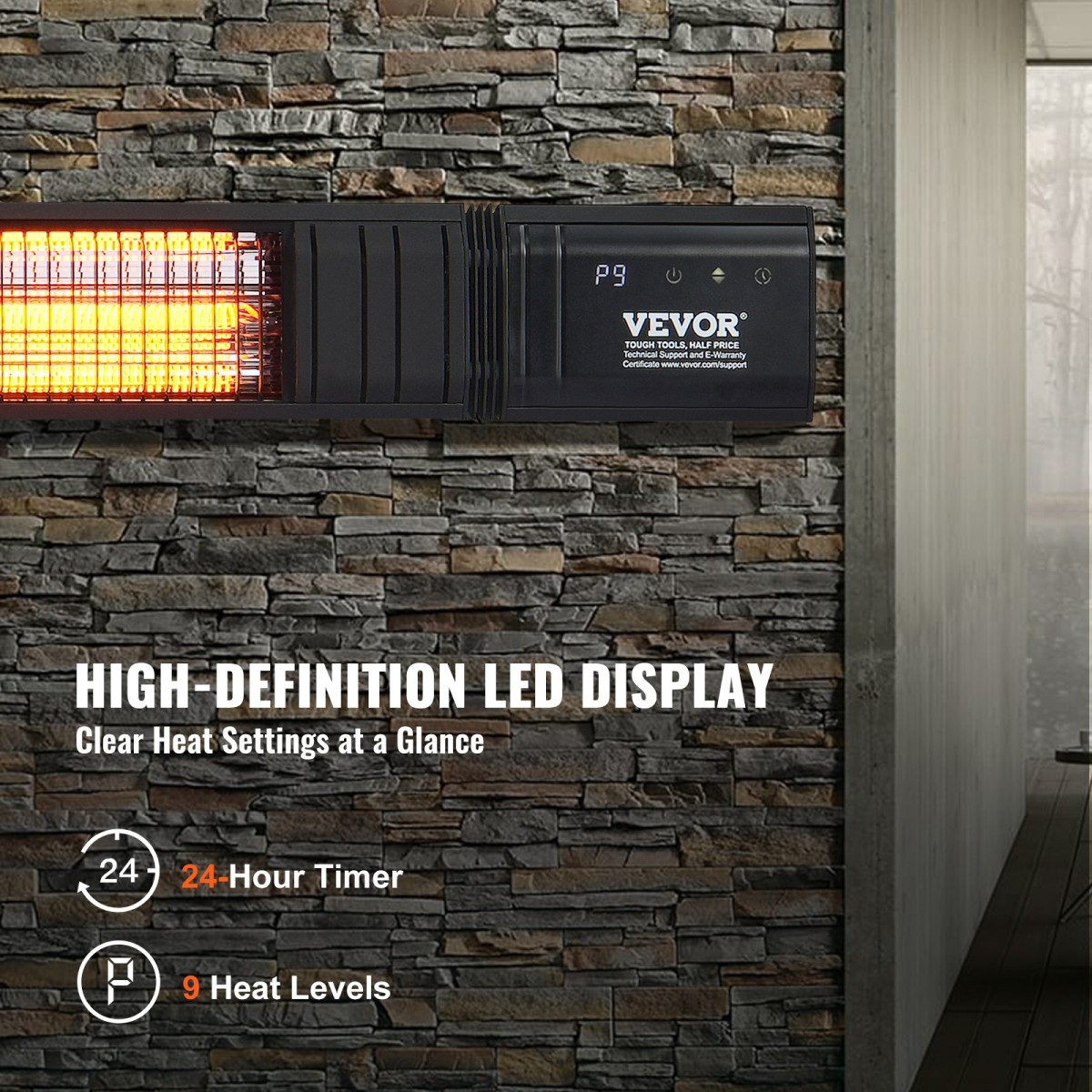 VEVOR Infrared Heater, 3000W Τηλεχειριστήριο Electric Space Infrared Heater, IP65 Protection Carbon υπέρυθρη θερμάστρα εξωτερικού χώρου με 9 ταχύτητες & χρονοδιακόπτη, για βεράντα, αίθριο, τραπεζαρία, στούντιο, πίσω αυλή, βάση τοίχου