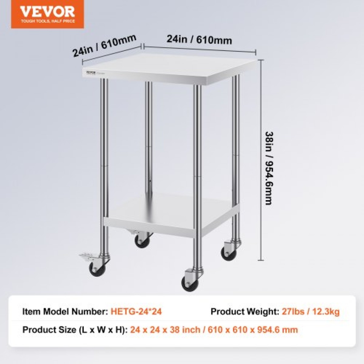 Τραπέζι εργασίας VEVOR από ανοξείδωτο ατσάλι 24 x 24 x 38 ιντσών, με 4 ρόδες, 3 ρυθμιζόμενα επίπεδα ύψους, βαρέως τύπου τραπέζι εργασίας προετοιμασίας φαγητού για εμπορική κουζίνα, ασημί