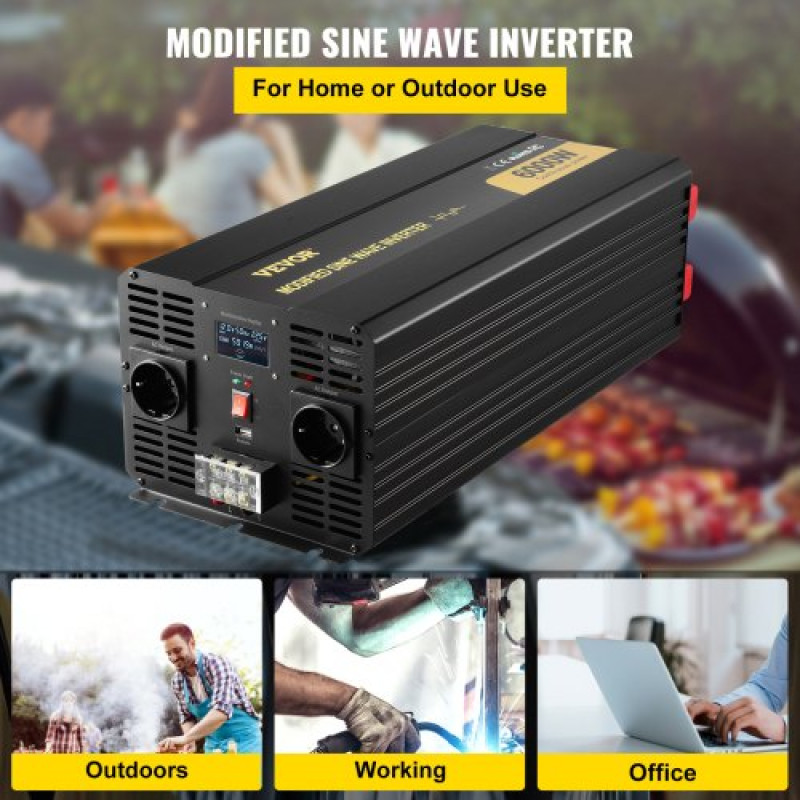 VEVOR Power Inverter, 6000W, Modified Sine Wave Inverter DC 12V to AC 230V Car Converter with LCD Display, LED Indicators Έξοδοι ΕΕ Μετατροπέας ισχύος, για ταξίδια με φορτηγό RV με βάρκα