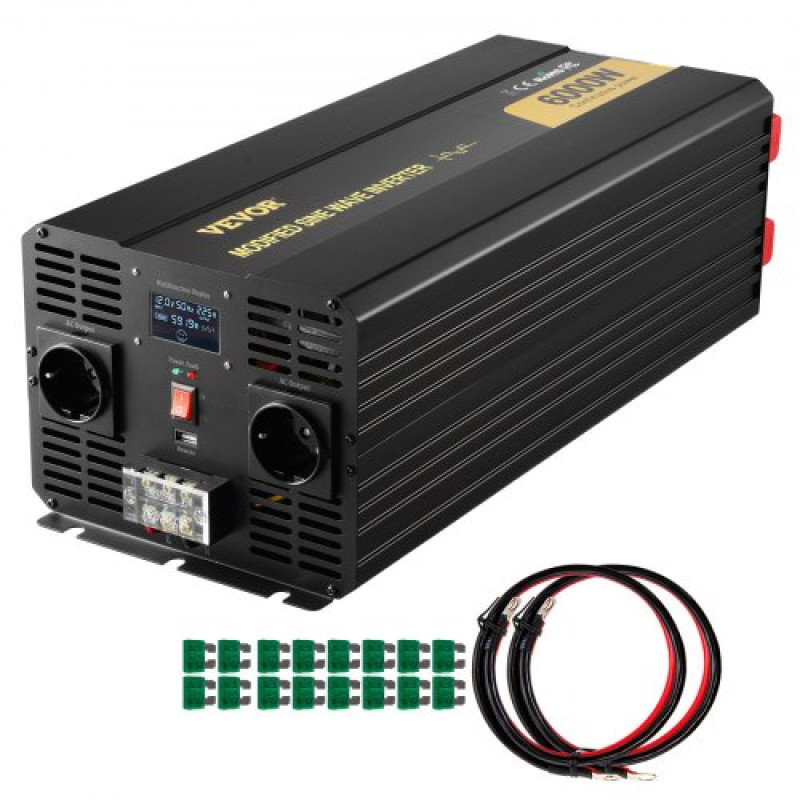 VEVOR Power Inverter, 6000W, Modified Sine Wave Inverter DC 12V to AC 230V Car Converter with LCD Display, LED Indicators Έξοδοι ΕΕ Μετατροπέας ισχύος, για ταξίδια με φορτηγό RV με βάρκα