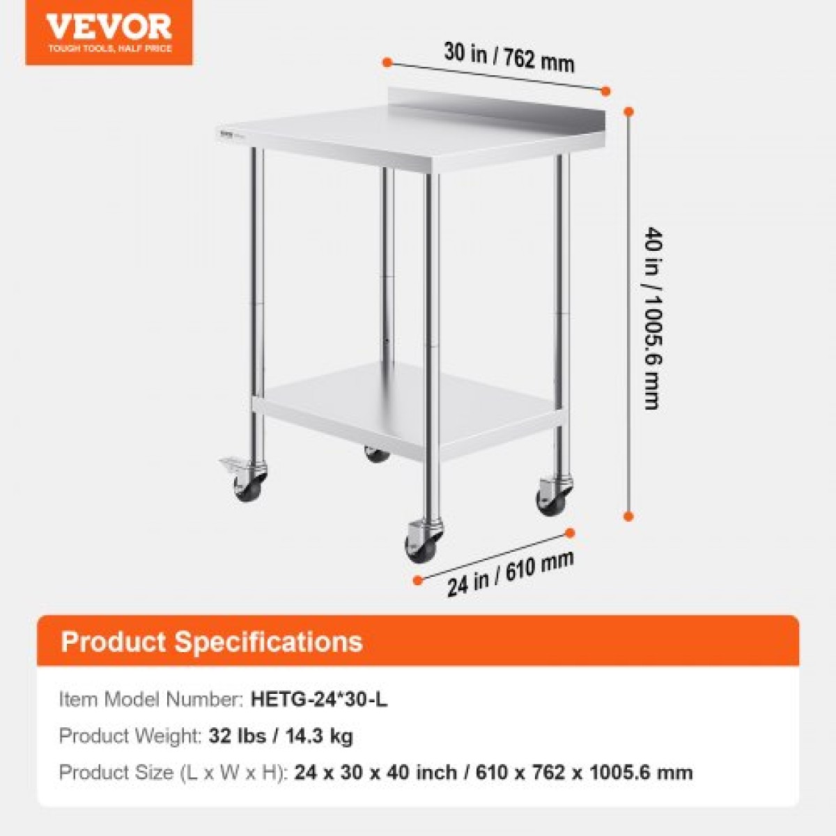 Τραπέζι εργασίας VEVOR 24 x 30 x 40 ιντσών από ανοξείδωτο ατσάλι, Εμπορικό τραπέζι προετοιμασίας φαγητού με τροχούς, τραπέζι εργασίας βαρέως τύπου, μεταλλικό τραπέζι εργασίας με ρυθμιζόμενο ύψος για εστιατόριο, σπίτι και ξενοδοχείο