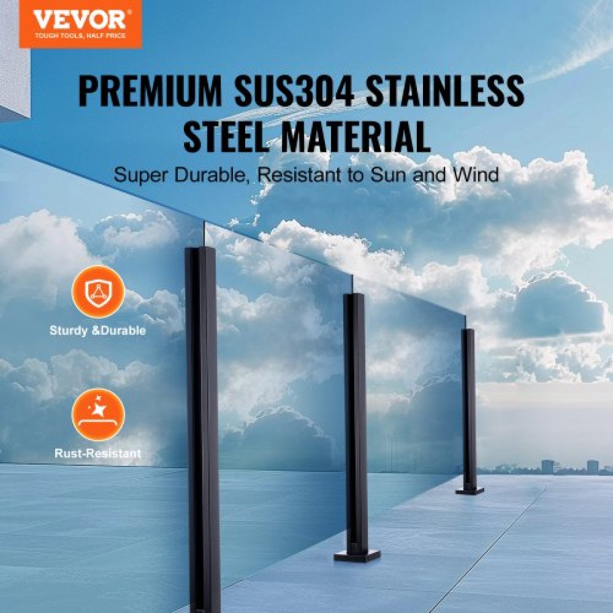 Σφιγκτήρας VEVOR Glass, 37,4" Στήριγμα κιγκλίδωμα από γυαλί ύψους για 0,39" -0,47" Πάχος σκληρυμένο γυαλί, 304 ανοξείδωτο ατσάλι Σφιγκτήρας τοποθέτησης, γυάλινο στήριγμα ραφιού για μπαλκόνι, κήπο, κατάστρωμα, σκάλα, μαύρο