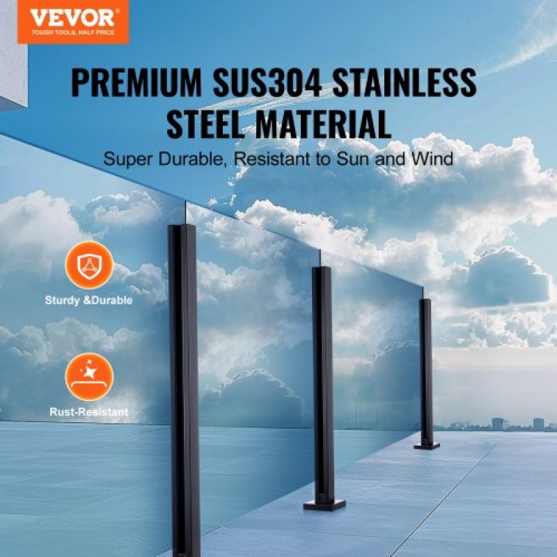 Σφιγκτήρας VEVOR Glass, 37,4" Στήριγμα κιγκλίδωμα από γυαλί ύψους για 0,39" -0,47" Πάχος σκληρυμένο γυαλί, 304 ανοξείδωτο ατσάλι Σφιγκτήρας τοποθέτησης, γυάλινο στήριγμα ραφιού για μπαλκόνι, κήπο, κατάστρωμα, σκάλα, μαύρο