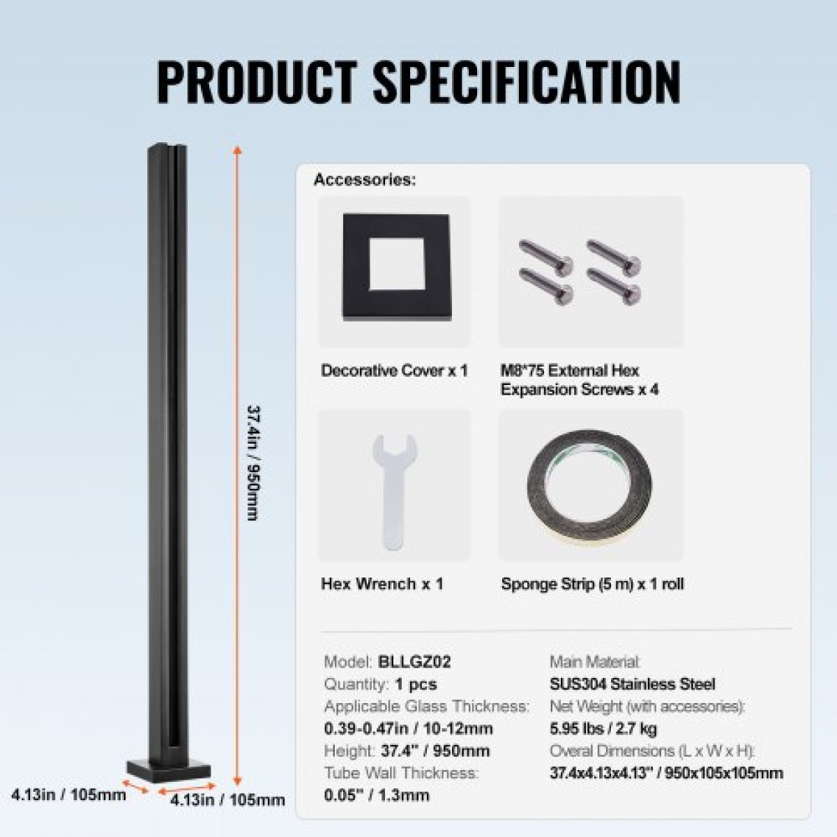 Σφιγκτήρας VEVOR Glass, 37,4" Στήριγμα κιγκλίδωμα από γυαλί ύψους για 0,39" -0,47" Πάχος σκληρυμένο γυαλί, 304 ανοξείδωτο ατσάλι Σφιγκτήρας τοποθέτησης, γυάλινο στήριγμα ραφιού για μπαλκόνι, κήπο, κατάστρωμα, σκάλα, μαύρο