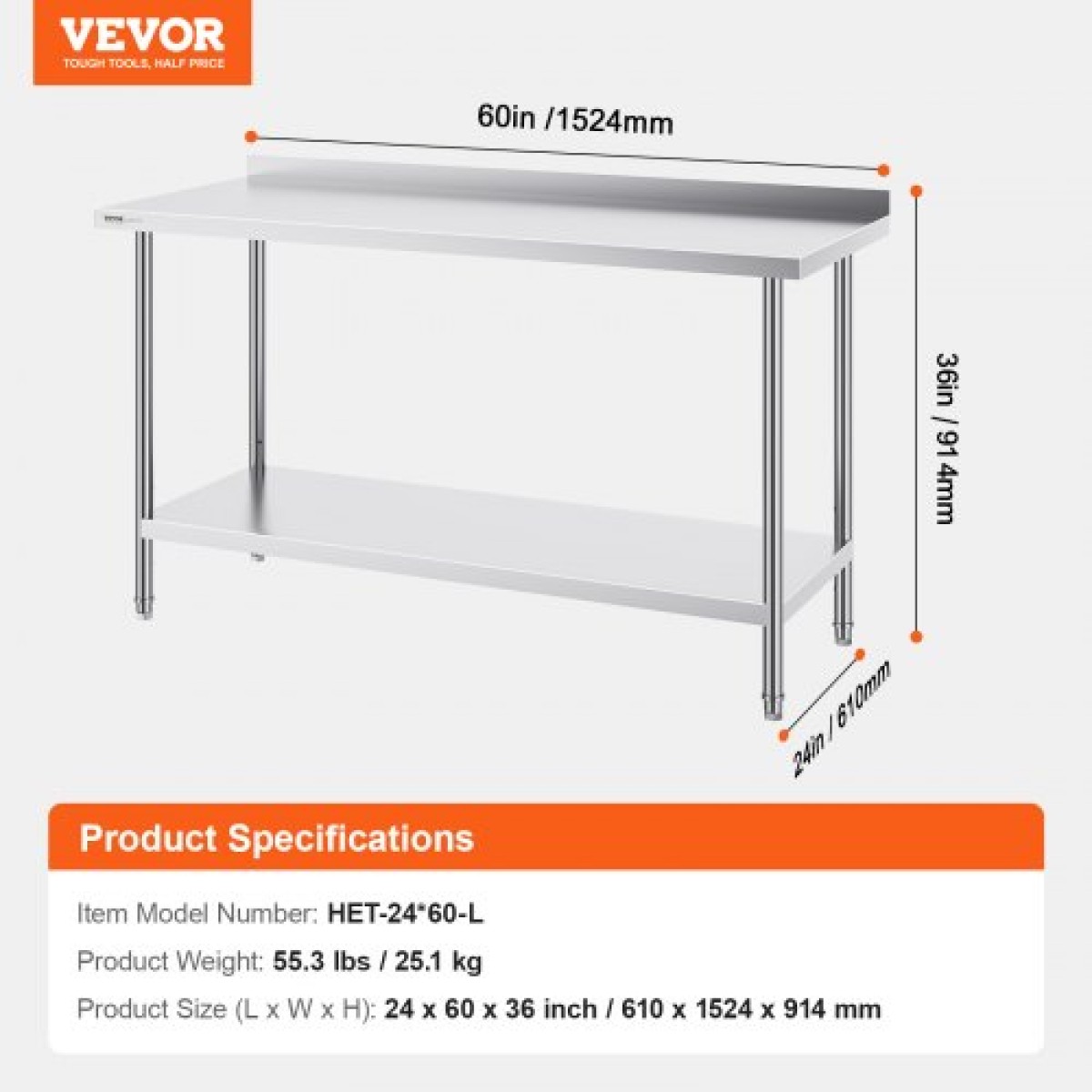 Τραπέζι εργασίας από ανοξείδωτο χάλυβα VEVOR 24 x 60 x 36 ιντσών, τραπέζι εργασίας βαρέως τύπου προετοιμασίας τροφίμων, Μεταλλικό τραπέζι εργασίας με ρυθμιζόμενο ύψος για εστιατόριο, σπίτι και ξενοδοχείο