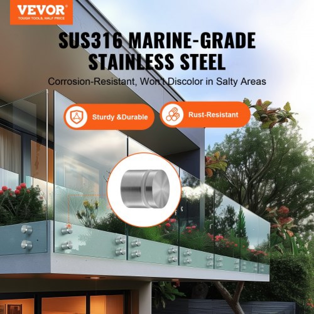 Σφιγκτήρας VEVOR Glass, 10 ΤΕΜ. Στήριγμα με κιγκλίδωμα στρογγυλό γυαλί για 0,31 "-0,62" σκληρυμένο γυαλί, 316 ανοξείδωτο ατσάλι Σφιγκτήρας τοποθέτησης, γυάλινο στήριγμα ραφιού για μπαλκόνι, κήπο, πισίνα, σκάλα, ασήμι