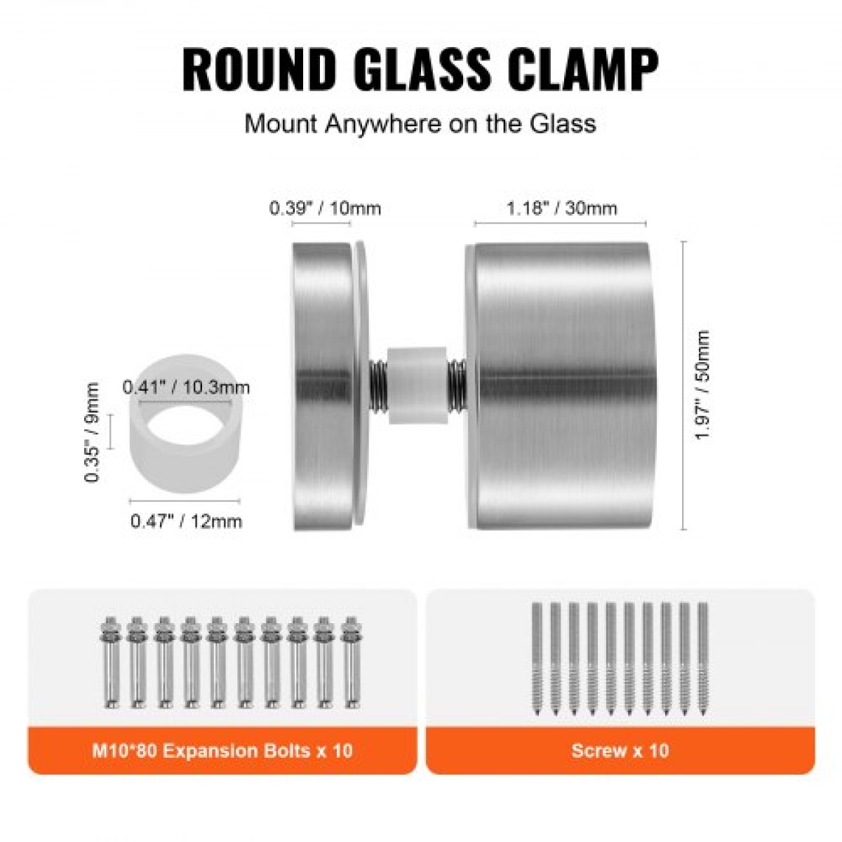Σφιγκτήρας VEVOR Glass, 10 ΤΕΜ. Στήριγμα με κιγκλίδωμα στρογγυλό γυαλί για 0,31 "-0,62" σκληρυμένο γυαλί, 316 ανοξείδωτο ατσάλι Σφιγκτήρας τοποθέτησης, γυάλινο στήριγμα ραφιού για μπαλκόνι, κήπο, πισίνα, σκάλα, ασήμι