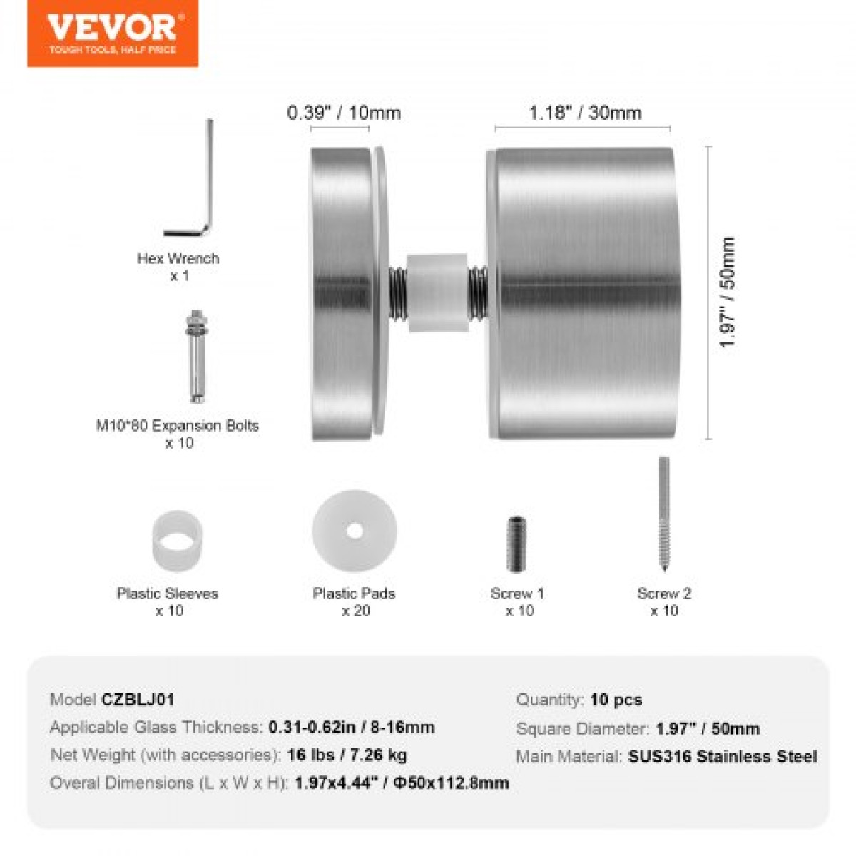 Σφιγκτήρας VEVOR Glass, 10 ΤΕΜ. Στήριγμα με κιγκλίδωμα στρογγυλό γυαλί για 0,31 "-0,62" σκληρυμένο γυαλί, 316 ανοξείδωτο ατσάλι Σφιγκτήρας τοποθέτησης, γυάλινο στήριγμα ραφιού για μπαλκόνι, κήπο, πισίνα, σκάλα, ασήμι