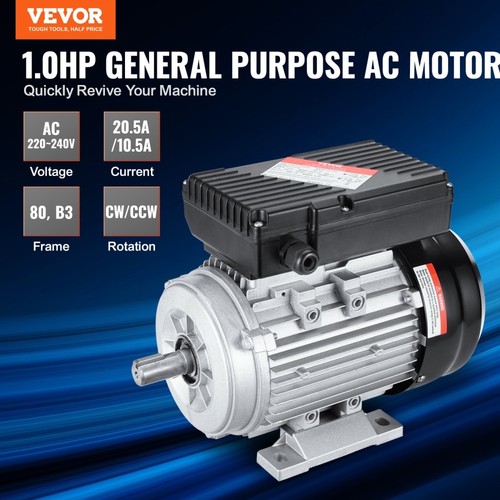 VEVOR Ηλεκτρικός κινητήρας 0,75KW 1400 rpm, AC 220~240V 5,45A, 80, Πλαίσιο B3, Μονοφασικός κινητήρας αεροσυμπιεστή, άξονας με κλειδί 19mm, περιστροφή CW/CCW για γεωργικά μηχανήματα και γενικό εξοπλισμό