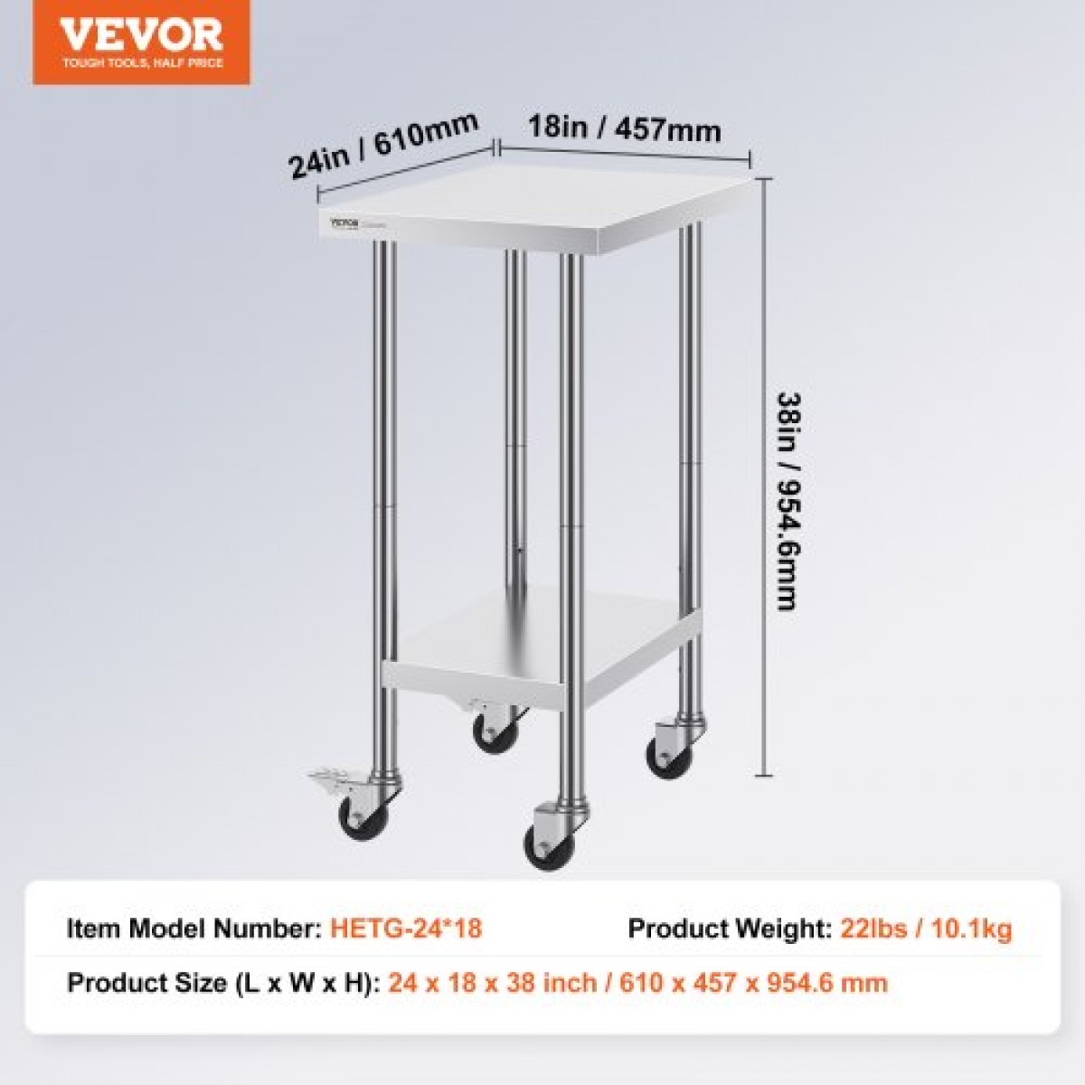 Τραπέζι εργασίας VEVOR από ανοξείδωτο ατσάλι 24 x 18 x 38 ιντσών, με 4 ρόδες, 3 ρυθμιζόμενα επίπεδα ύψους, βαρέως τύπου τραπέζι εργασίας προετοιμασίας φαγητού για εμπορική κουζίνα, ασημί