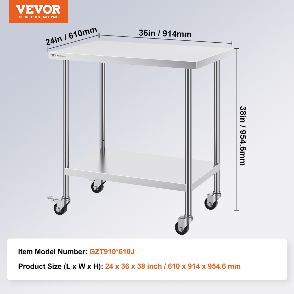 Τραπέζι εργασίας VEVOR από ανοξείδωτο ατσάλι 24 x 36 x 38 ιντσών, με 4 ρόδες, 3 ρυθμιζόμενα επίπεδα ύψους, βαρέως τύπου τραπέζι εργασίας προετοιμασίας φαγητού για επαγγελματικό εστιατόριο κουζίνας, ασημί