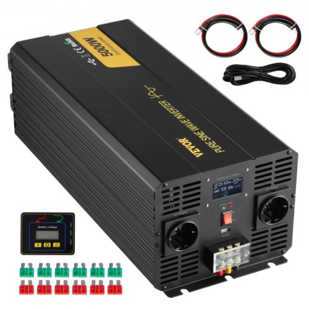 VEVOR Pure Sine Wave Inverter, 5000 Watt, Power Inverter, DC 12V to AC 230V Inverter με οθόνη LCD Θύρα USB και τηλεχειριστήριο, Μετατροπέας ισχύος για Car RV Truck Solar System Travel Camping