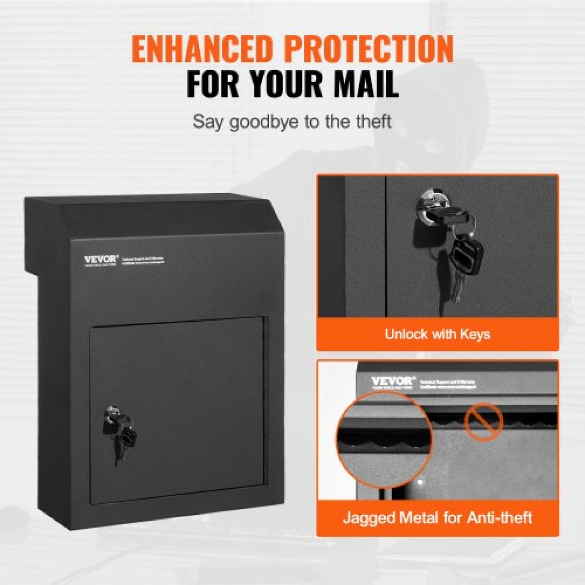 VEVOR Through The Door Key Drop Box 30,5x15,2x40,6 cm γραμματοκιβώτιο με κλειδαριά 4,6 cm 30,5 cm Μαύρο