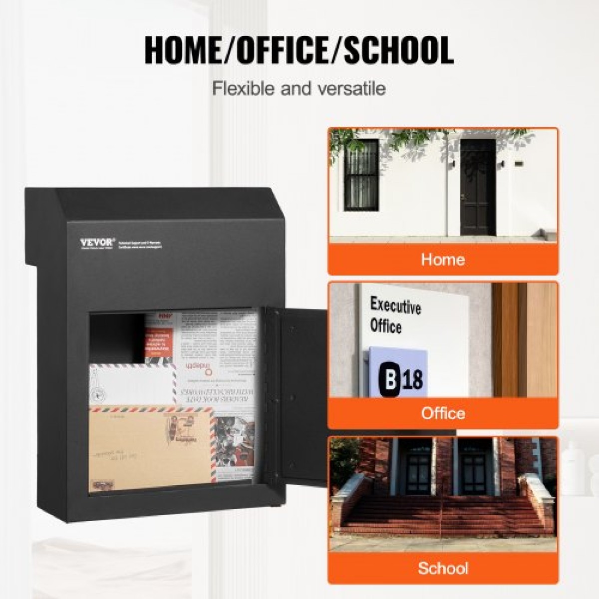 VEVOR Through The Door Key Drop Box 30,5x15,2x40,6 cm γραμματοκιβώτιο με κλειδαριά 4,6 cm 30,5 cm Μαύρο