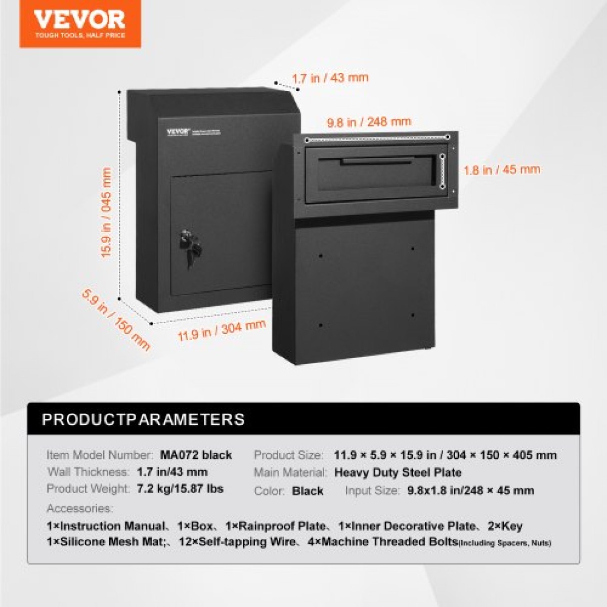 VEVOR Through The Door Key Drop Box 30,5x15,2x40,6 cm γραμματοκιβώτιο με κλειδαριά 4,6 cm 30,5 cm Μαύρο