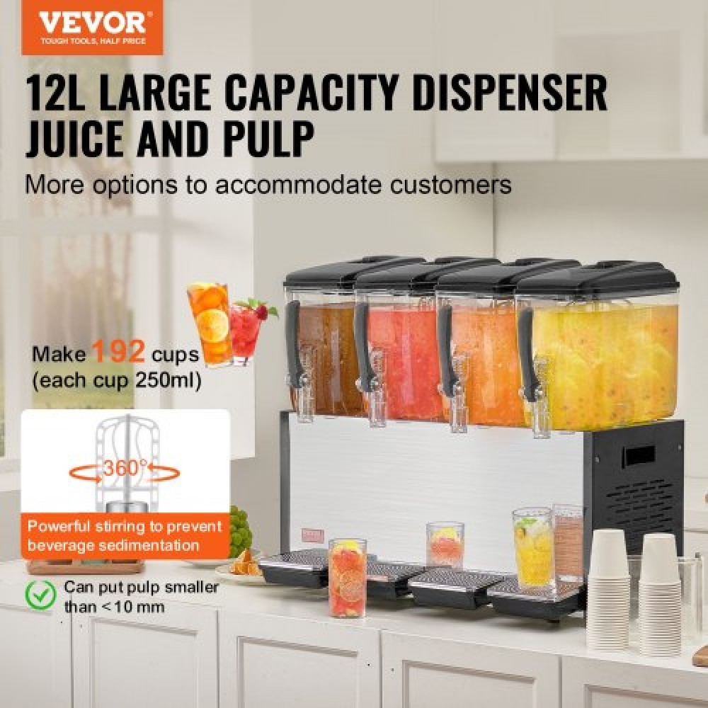 VEVOR Commercial Beverage Dispenser, 4 Tanks 12 L Per Tank Juice Dispenser, 510W inox Ice Tea Drink Machine με θερμοκρασία ψύξης 45°F-54°F, για κρύο ποτό Restaurant Bar Party