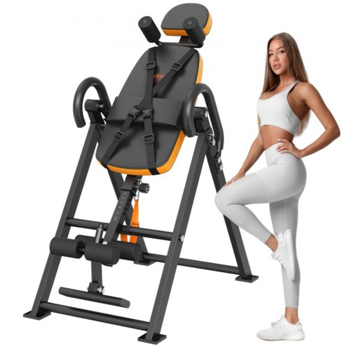 VEVOR Inversion Table, 300lbs Capacity Heavy Duty Inversion Table, Μηχάνημα φορείου πλάτης αποσυμπίεσης, Εξοπλισμός προπόνησης δύναμης με προσκέφαλο, κλειδαριά αστραγάλου, ρυθμιζόμενη προστατευτική ζώνη, πορτοκαλί/μαύρο