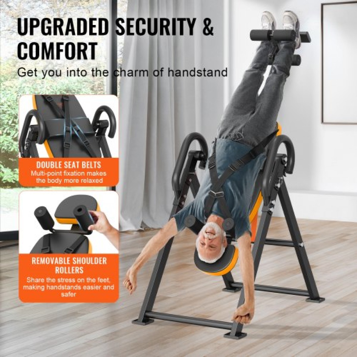 VEVOR Inversion Table, 300lbs Capacity Heavy Duty Inversion Table, Μηχάνημα φορείου πλάτης αποσυμπίεσης, Εξοπλισμός προπόνησης δύναμης με προσκέφαλο, κλειδαριά αστραγάλου, ρυθμιζόμενη προστατευτική ζώνη, πορτοκαλί/μαύρο
