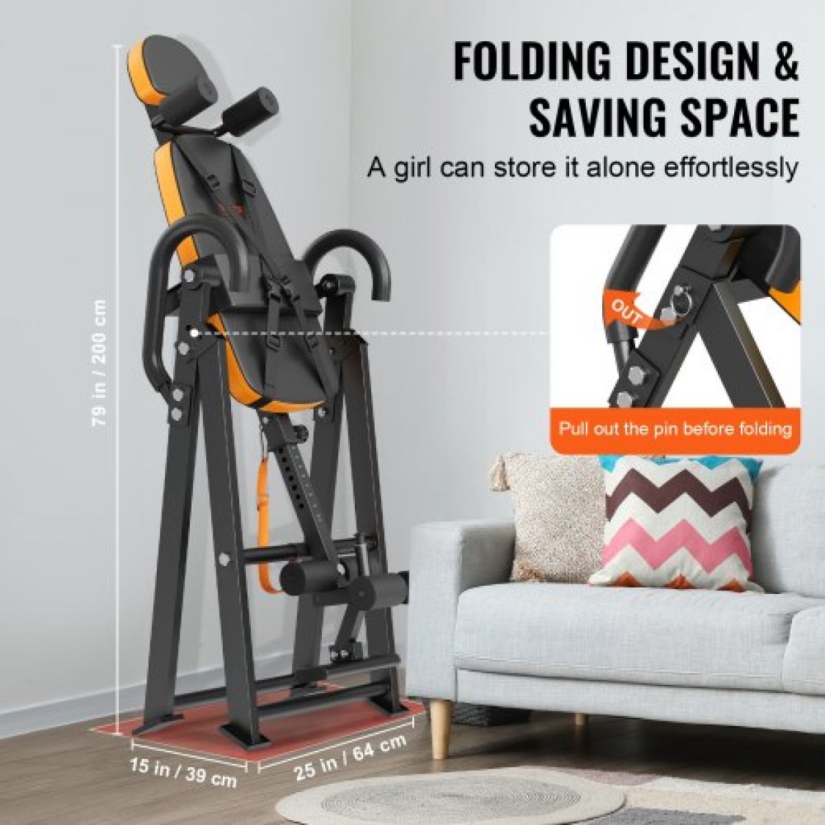 VEVOR Inversion Table, 300lbs Capacity Heavy Duty Inversion Table, Μηχάνημα φορείου πλάτης αποσυμπίεσης, Εξοπλισμός προπόνησης δύναμης με προσκέφαλο, κλειδαριά αστραγάλου, ρυθμιζόμενη προστατευτική ζώνη, πορτοκαλί/μαύρο