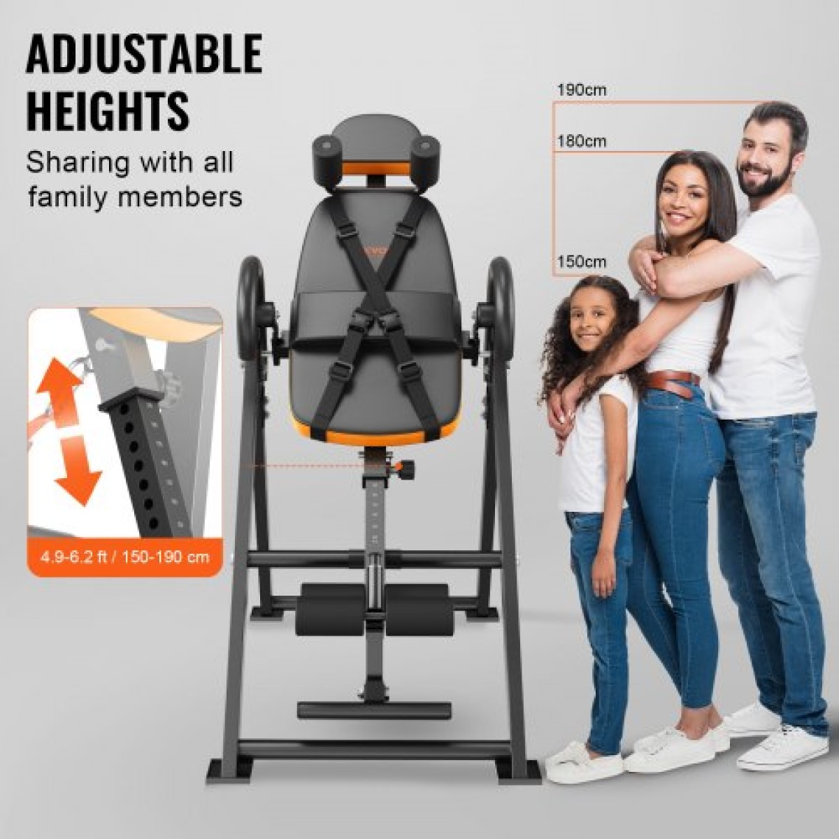 VEVOR Inversion Table, 300lbs Capacity Heavy Duty Inversion Table, Μηχάνημα φορείου πλάτης αποσυμπίεσης, Εξοπλισμός προπόνησης δύναμης με προσκέφαλο, κλειδαριά αστραγάλου, ρυθμιζόμενη προστατευτική ζώνη, πορτοκαλί/μαύρο