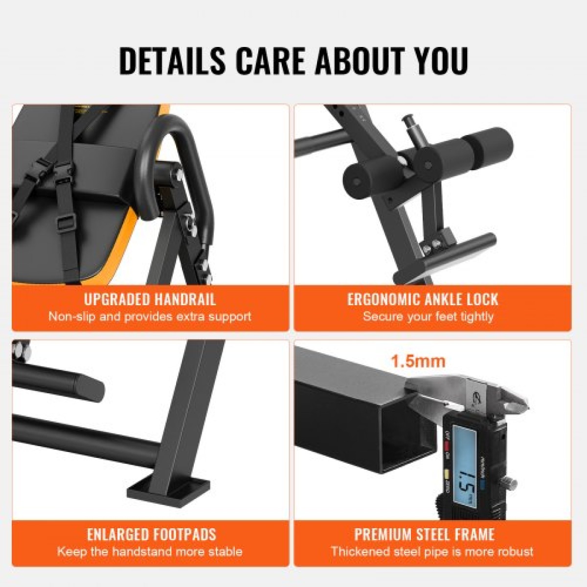 VEVOR Inversion Table, 300lbs Capacity Heavy Duty Inversion Table, Μηχάνημα φορείου πλάτης αποσυμπίεσης, Εξοπλισμός προπόνησης δύναμης με προσκέφαλο, κλειδαριά αστραγάλου, ρυθμιζόμενη προστατευτική ζώνη, πορτοκαλί/μαύρο