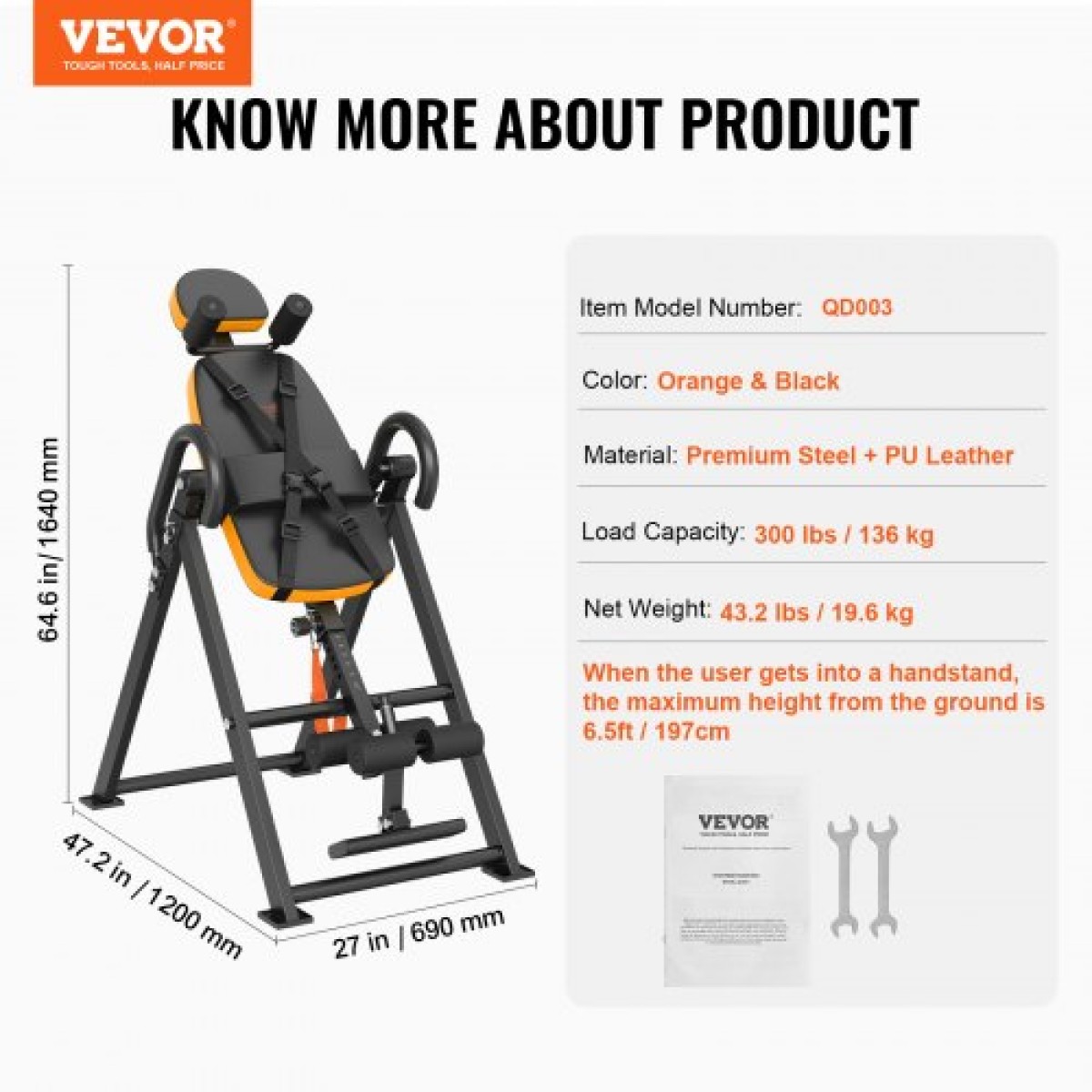 VEVOR Inversion Table, 300lbs Capacity Heavy Duty Inversion Table, Μηχάνημα φορείου πλάτης αποσυμπίεσης, Εξοπλισμός προπόνησης δύναμης με προσκέφαλο, κλειδαριά αστραγάλου, ρυθμιζόμενη προστατευτική ζώνη, πορτοκαλί/μαύρο