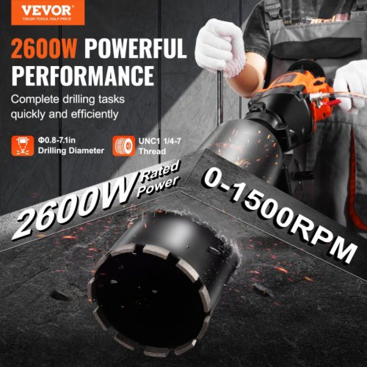 Μηχάνημα τρυπανιού VEVOR Core 2,03-18 cm Dia 2600W Handheld and Stand Core Drill Rig