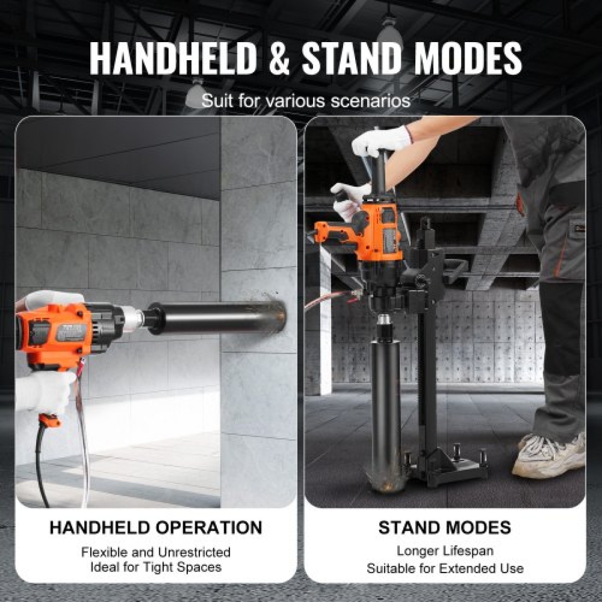 Μηχάνημα τρυπανιού VEVOR Core 2,03-18 cm Dia 2600W Handheld and Stand Core Drill Rig