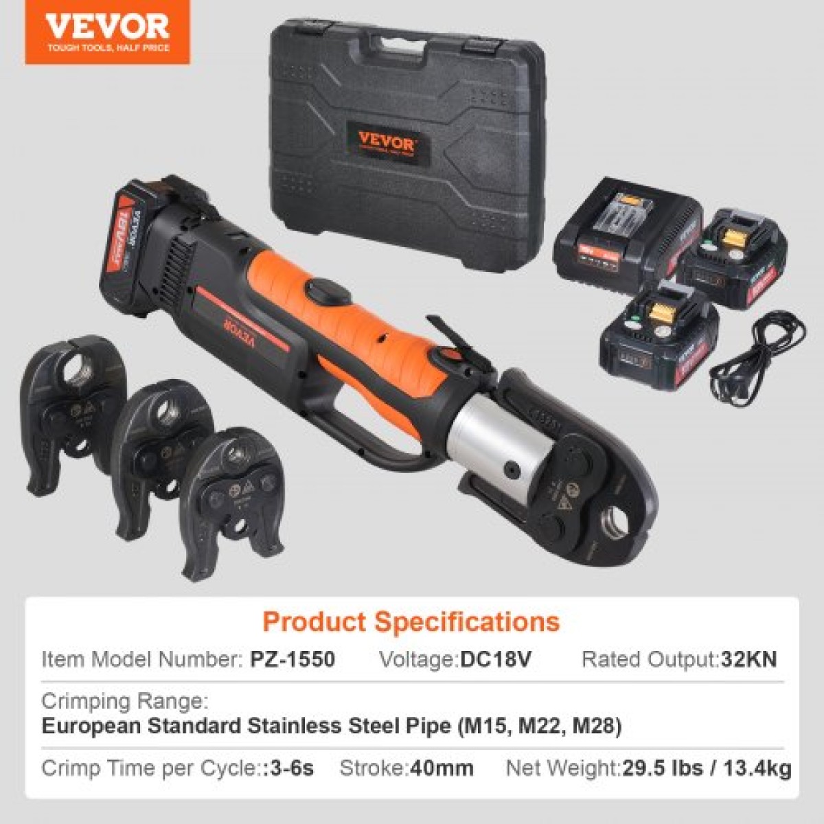 VEVOR Press Tool and Battery Kit, Pro Press Tool, Electric Pipe Crimping Tool with M15, M22, M28 Jaws, Press Tool Kit με 2 τμχ μπαταρία 18V 4.0Ah, γρήγορο φορτιστή και θήκη μεταφοράς