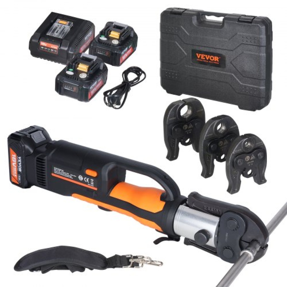 VEVOR Press Tool and Battery Kit, Pro Press Tool, Electric Pipe Crimping Tool with M15, M22, M28 Jaws, Press Tool Kit με 2 τμχ μπαταρία 18V 4.0Ah, γρήγορο φορτιστή και θήκη μεταφοράς