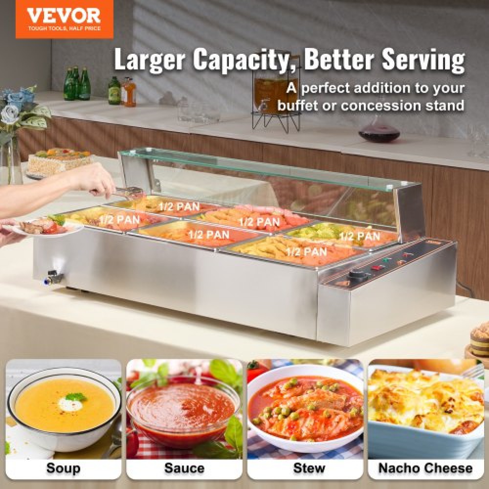 VEVOR Commercial Electric Food Warmer Countertop Buffet 6*8Qt with Glass Shield