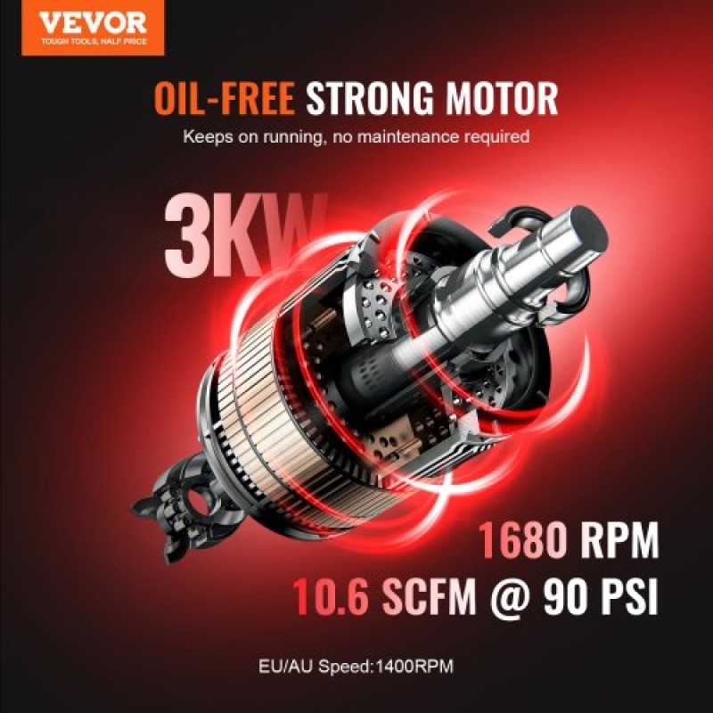 Αεροσυμπιεστής VEVOR, 20 Gallon Steel Tank, 4HP 10,6 CFM@90 PSI Oil Free Air Compressor & Max.Πίεση 125 PSI, 78dB Ultra Quiet φορητός συμπιεστής, για επισκευή αυτοκινήτων, φούσκωμα ελαστικών, βαφή με σπρέι