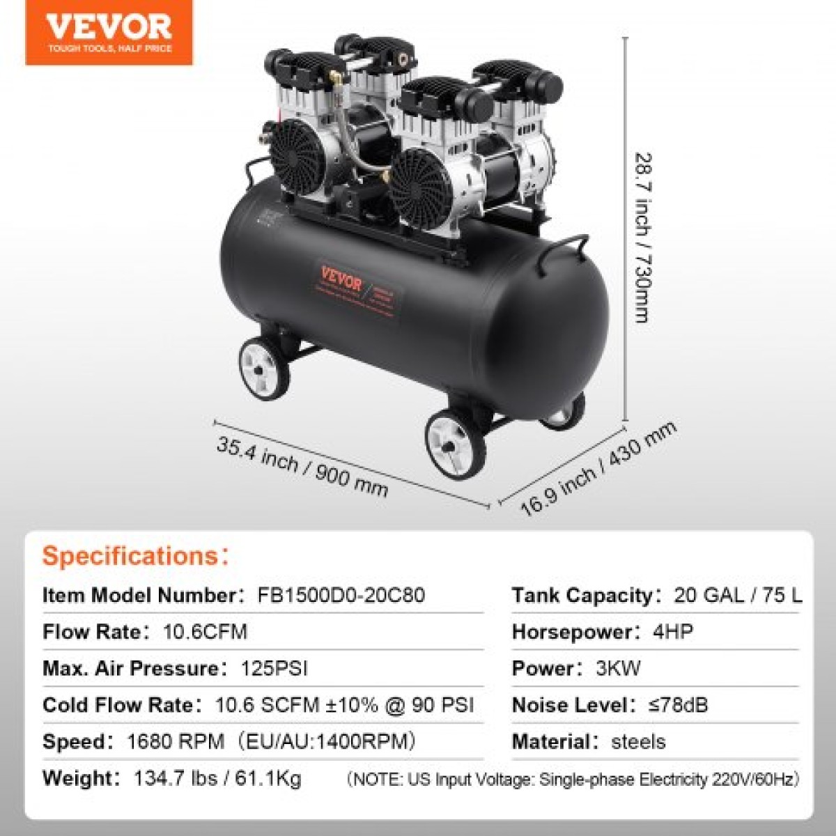 Αεροσυμπιεστής VEVOR, 20 Gallon Steel Tank, 4HP 10,6 CFM@90 PSI Oil Free Air Compressor & Max.Πίεση 125 PSI, 78dB Ultra Quiet φορητός συμπιεστής, για επισκευή αυτοκινήτων, φούσκωμα ελαστικών, βαφή με σπρέι