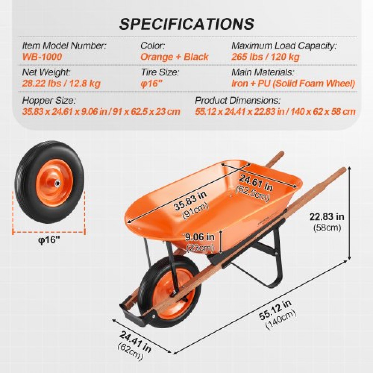 Καρότσι VEVOR Καρότσι, 5 Cu.Ft.Φορτίο & χωρητικότητα 330 λίβρες, καροτσάκι κήπου με έναν τροχό, καρότσι κήπου με μεταλλική λαβή & 16" φαρδιές ρόδες, εύκολη φόρτωση καροτσάκι και βαγόνια για γκαζόν