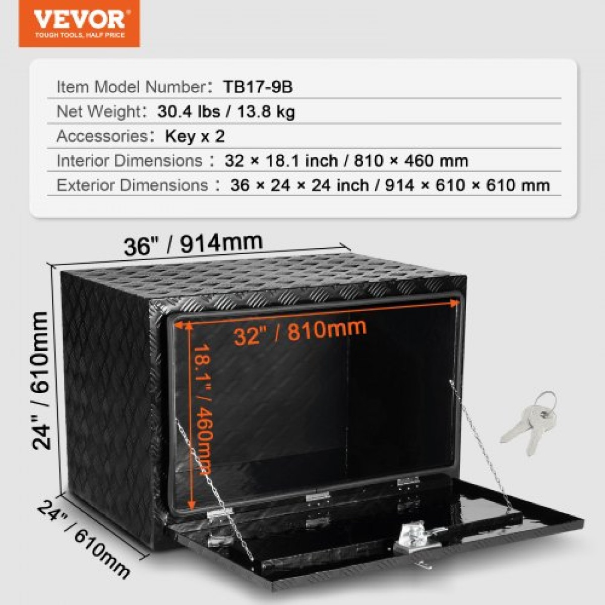 VEVOR Underbody Truck Box, 36" x 24" x 24" Pickup Storage Box, Heavy Duty Aluminium Diamond Plate Tool Box με κλειδαριά και κλειδιά, Αδιάβροχο κουτί αποθήκευσης τρέιλερ με μάνταλο T-Handle για φορτηγό, φορτηγό, ρυμουλκούμενο