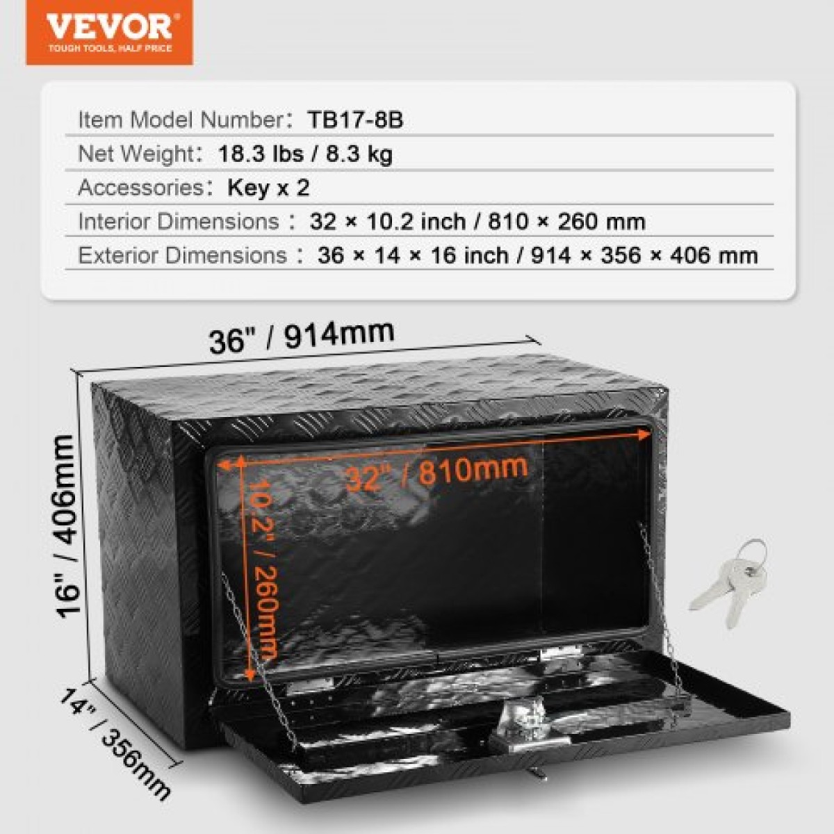 VEVOR Underbody Truck Box, 36" x 14" x 16" Pickup Storage Box, Heavy Duty Diamond Plate Tool Box με κλειδαριά και κλειδιά, Αδιάβροχο κουτί αποθήκευσης τρέιλερ με μάνταλο T-handle για φορτηγό, φορτηγό, ρυμουλκούμενο
