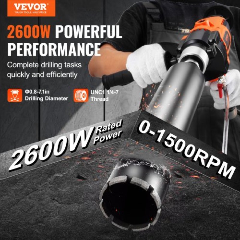 VEVOR Core Drill Machine 2,03-18 cm Dia 2600W Handheld Core Drill Rig for Mixing