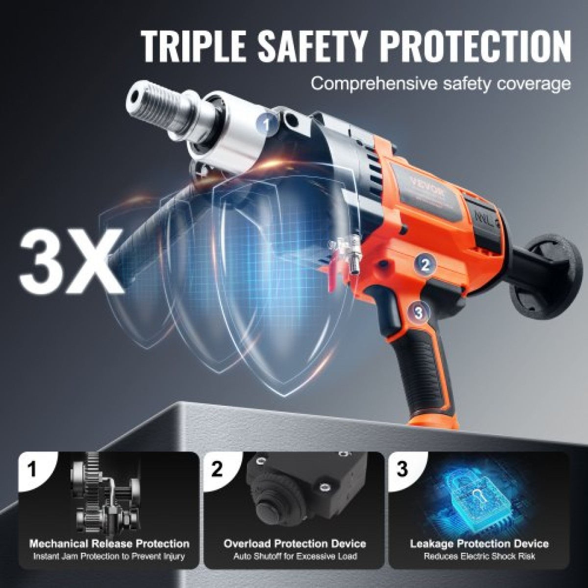 VEVOR Core Drill Machine 2,03-18 cm Dia 2600W Handheld Core Drill Rig for Mixing