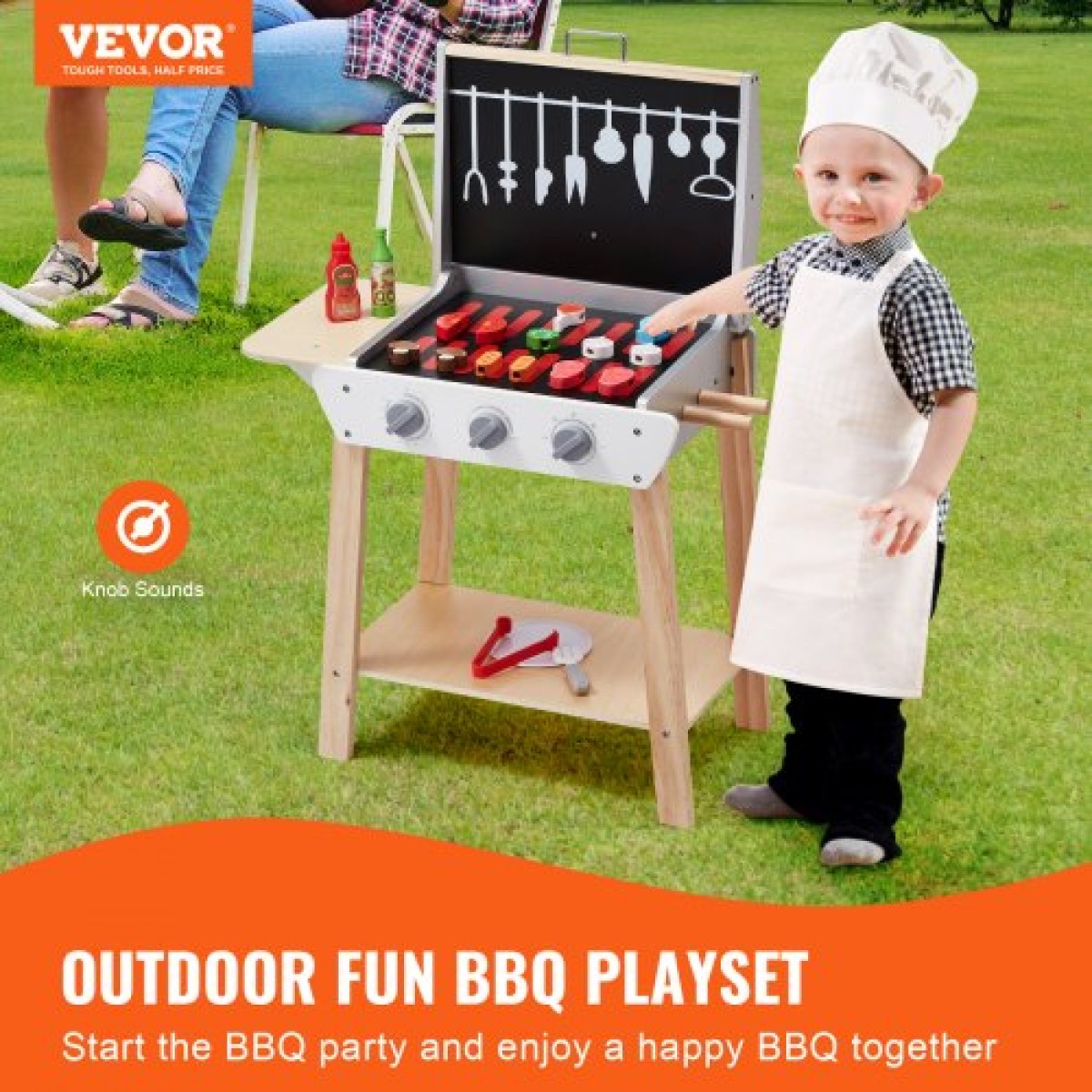 VEVOR Wooden Play Barbecue Toy Grill, Kids Grill Playset with Play Food and Grilling Tools, Wooden Play Food Kitchen αξεσουάρ (21 ΤΕΜ), Pretend Play Μαγειρικό παιχνίδι για νήπια Αγόρια Κορίτσια Ηλικίας 3+ Δώρο