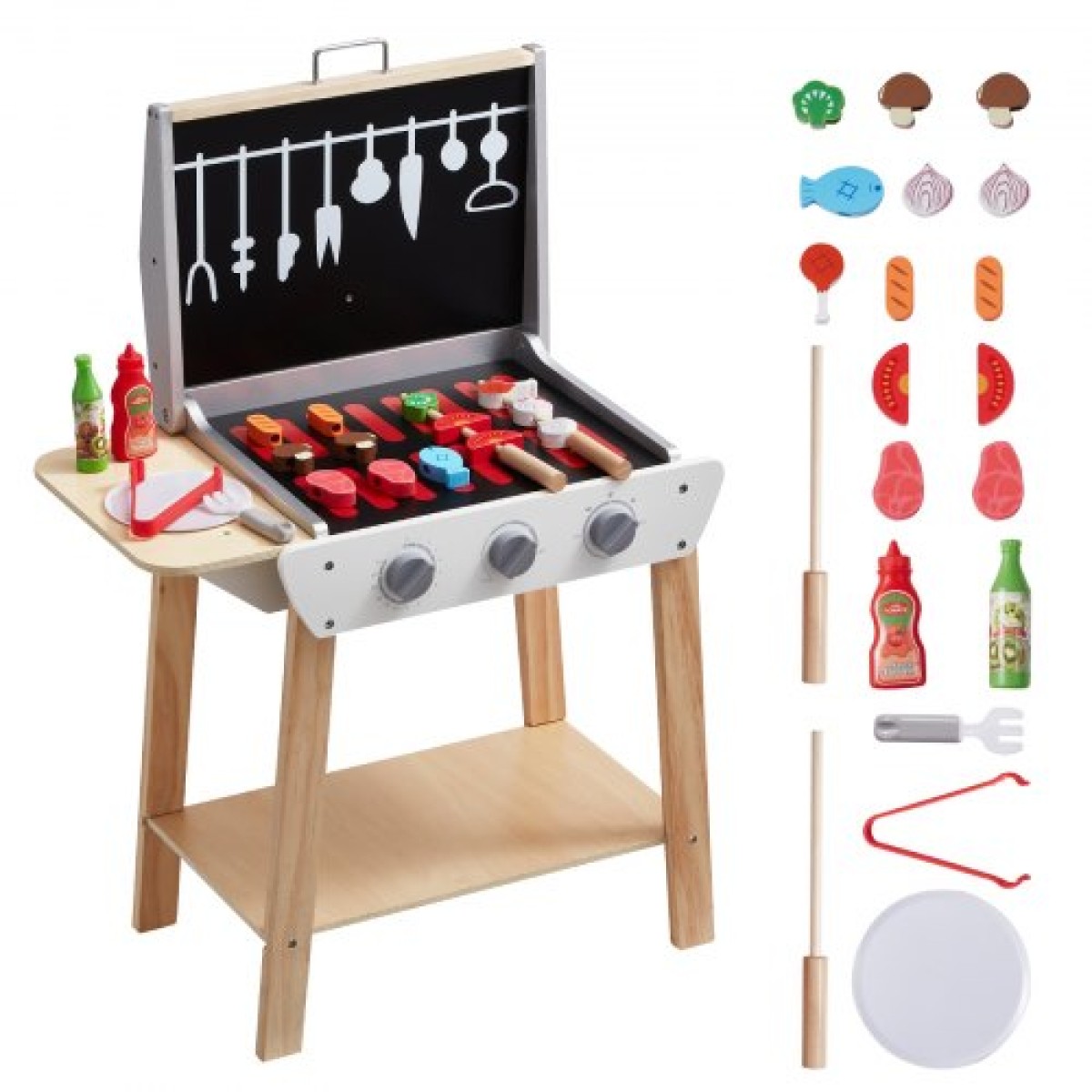 VEVOR Wooden Play Barbecue Toy Grill, Kids Grill Playset with Play Food and Grilling Tools, Wooden Play Food Kitchen αξεσουάρ (21 ΤΕΜ), Pretend Play Μαγειρικό παιχνίδι για νήπια Αγόρια Κορίτσια Ηλικίας 3+ Δώρο