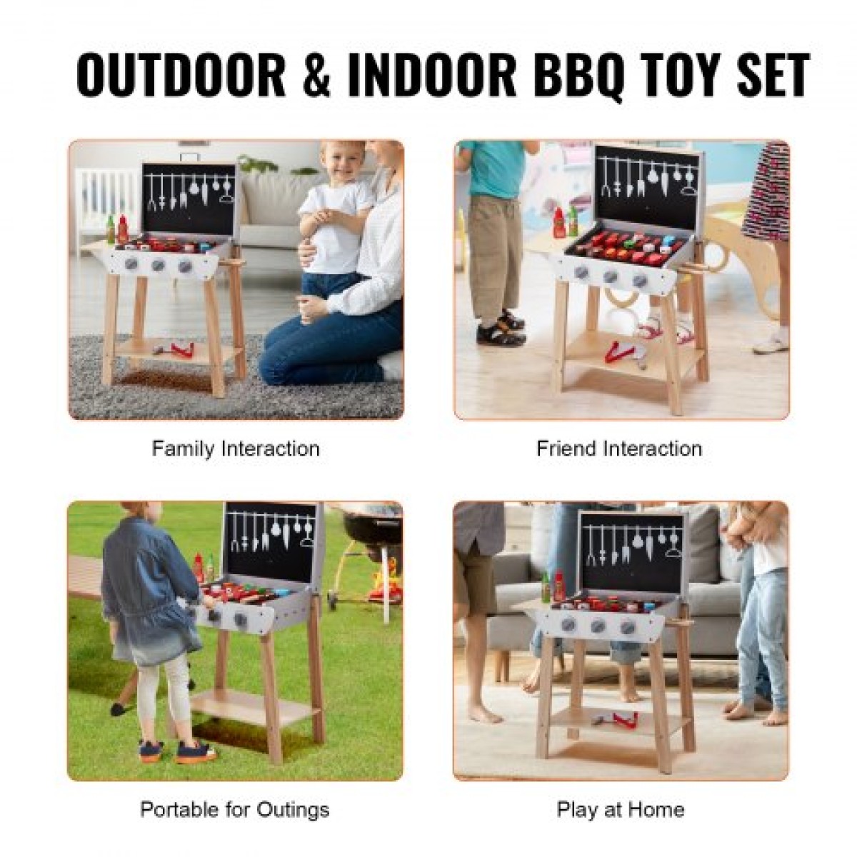 VEVOR Wooden Play Barbecue Toy Grill, Kids Grill Playset with Play Food and Grilling Tools, Wooden Play Food Kitchen αξεσουάρ (21 ΤΕΜ), Pretend Play Μαγειρικό παιχνίδι για νήπια Αγόρια Κορίτσια Ηλικίας 3+ Δώρο