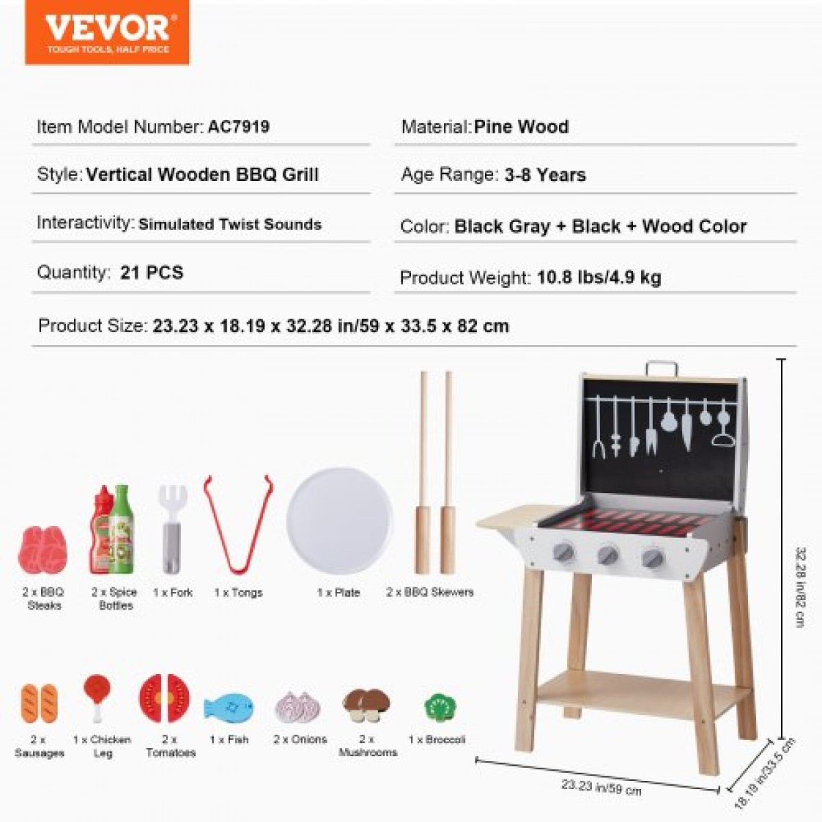 VEVOR Wooden Play Barbecue Toy Grill, Kids Grill Playset with Play Food and Grilling Tools, Wooden Play Food Kitchen αξεσουάρ (21 ΤΕΜ), Pretend Play Μαγειρικό παιχνίδι για νήπια Αγόρια Κορίτσια Ηλικίας 3+ Δώρο