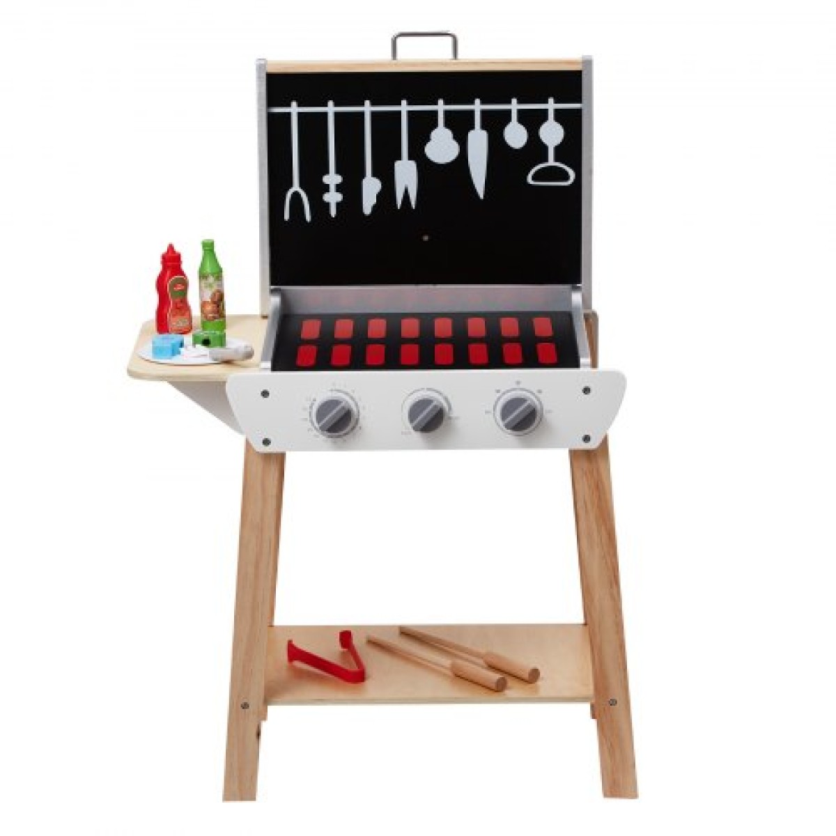 VEVOR Wooden Play Barbecue Toy Grill, Kids Grill Playset with Play Food and Grilling Tools, Wooden Play Food Kitchen αξεσουάρ (21 ΤΕΜ), Pretend Play Μαγειρικό παιχνίδι για νήπια Αγόρια Κορίτσια Ηλικίας 3+ Δώρο