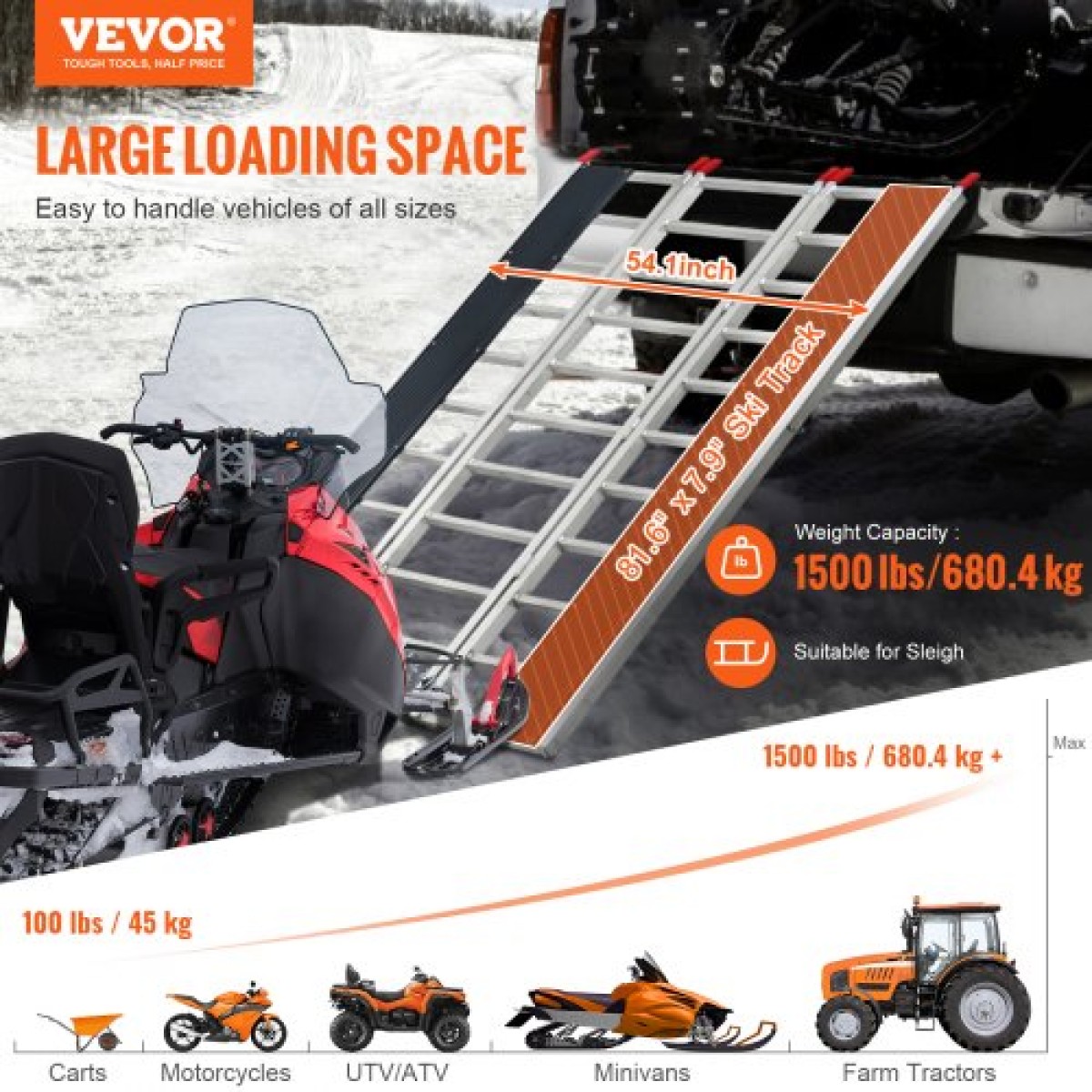 Τριδιπλωμένη ράμπα φόρτωσης VEVOR, 2160 x 1375 mm, Αντιολισθητική ράμπα ρυμουλκούμενου αλουμινίου με συμπαγή σχεδίαση, εύκολη αποθήκευση, χωρητικότητα φόρτωσης 680,4 kg, για Snowmobiles, ATV, Τρακτέρ, Χλοοκοπτικά, Καρότσια, Μοτοσικλέτες
