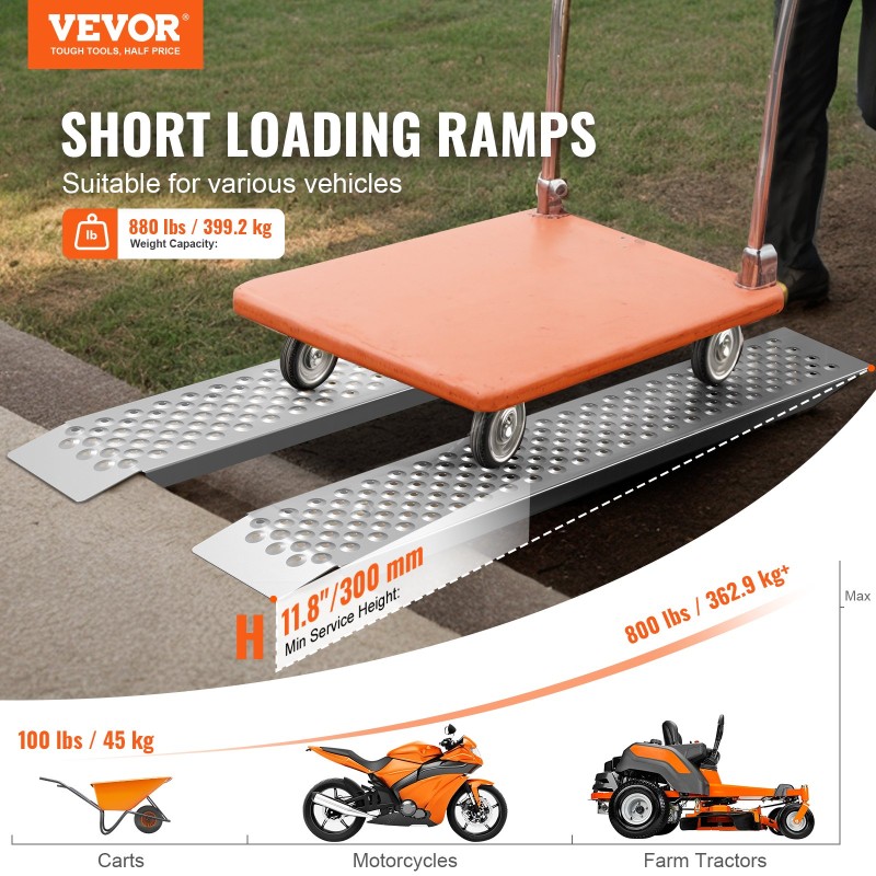 Φορητές ράμπες φόρτωσης VEVOR, 2 τεμ. 1200 x 215 mm, Σετ ράμπας υποστέγων από ανθεκτικό αλουμίνιο με αντιολισθητικές τρύπες, συμπαγής σχεδιασμός και εύκολη αποθήκευση, χωρητικότητα βάρους 399,2 kg, για ATV, τρακτέρ, χλοοκοπτικά, καρότσια