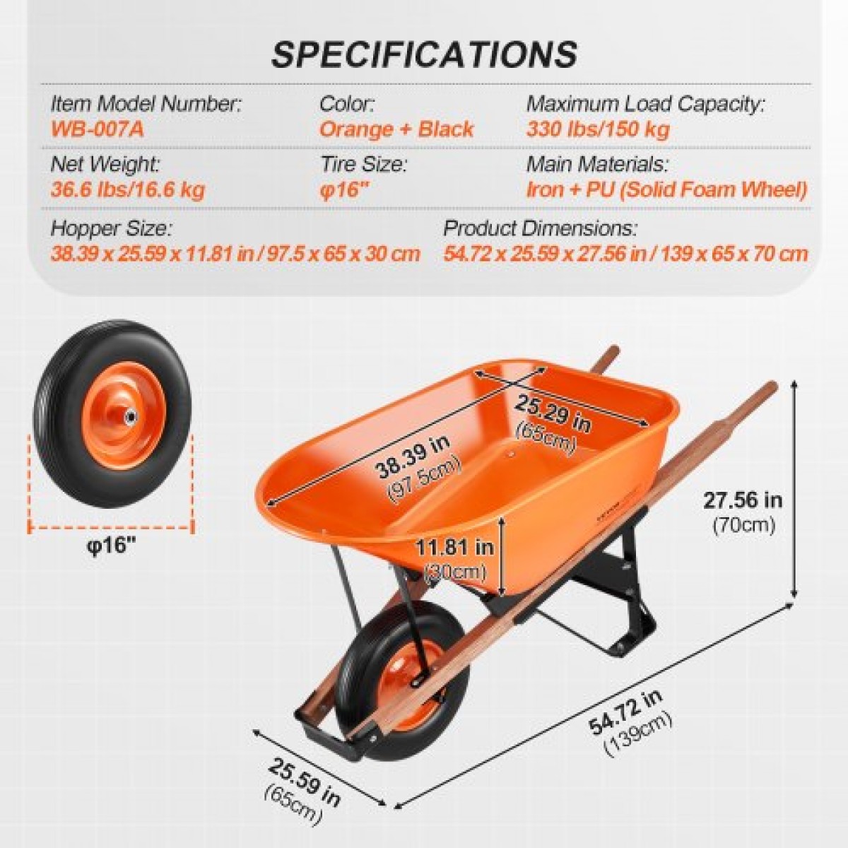 Καρότσι VEVOR Καρότσι, 6 Cu.Ft.Φορτίο & χωρητικότητα 330 λίβρες, καροτσάκι με ένα τροχό Garden Dump Barrow με μεταλλικό χερούλι &  16"  φαρδιές ρόδες, εύκολη φόρτωση Utility Yard Cart & Wagons for Lawn Farm